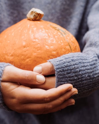 Frau in einem kuscheligen lila Pulli hält einen orangen Hokkaido-Kürbis nah an sich
