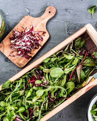 Verschiedene Blattsalate auf grauem Untergrund
