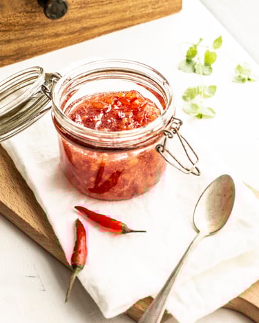 Rotes Relish in einem offenen Weckglas, daneben als Deko zwei Chilischoten und ein Löffel.