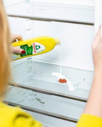 Jules reinigt mit einem Scheuermittel einen Ketchup-Fleck aus dem schmutzigen Kühlschrank