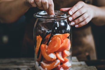 Eine Vanilleschote wird in das Glas mit Marillen gegeben