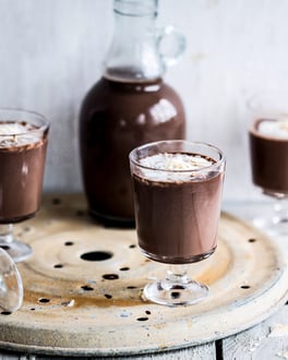 Heiße Schokolade im Glas mit Kokosmilch
