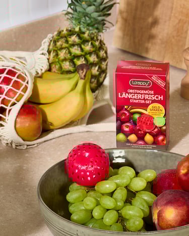 Das Wrappy Pod liegt in einer Obstschale. Daneben liegt ein Netz gefüllt mit frischem Obst. Die Verpackung von Wrappy ist im Hintergrund zu sehen.