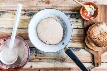 Ein Pancake brät in einer weißen Pfanne, daneben eine Schüssel mit rohem Teig und ein Brettchen mit gestapelten Pancakes