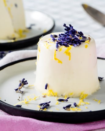 Bildschön steht die steife Panna Cotta auf einem weißen Teller und ist mit lavendelblüten und Zitronenabrieb dekoriert.