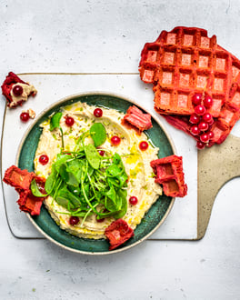 Rote-Bete-Buchweizen-Waffel neben einem Teller mit Hummus und Johannisbeeren und Portulak.