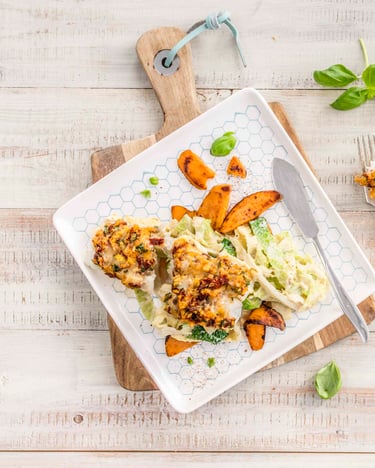 Fisch mit Kruste, Süßkartoffeln und Rahmwirsing auf einem Teller und hellem Holzuntergrund mit Fischmesser und Gabel von oben