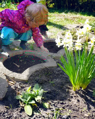 Kleinkinder im sonnigen Garten beim Einpflanzen von Kräutern