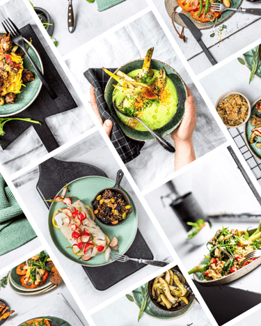 Collage verschiedener Rezeptbilder wie Erbsensuppe, Selleriespaghetti und Hummus.