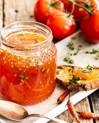 Roter Aufstrich im Glas mit Thymian, daneben ein Scheibe Brot mit dem Aufstrich bestrichen, Chilis und roten Tomaten als Deko.